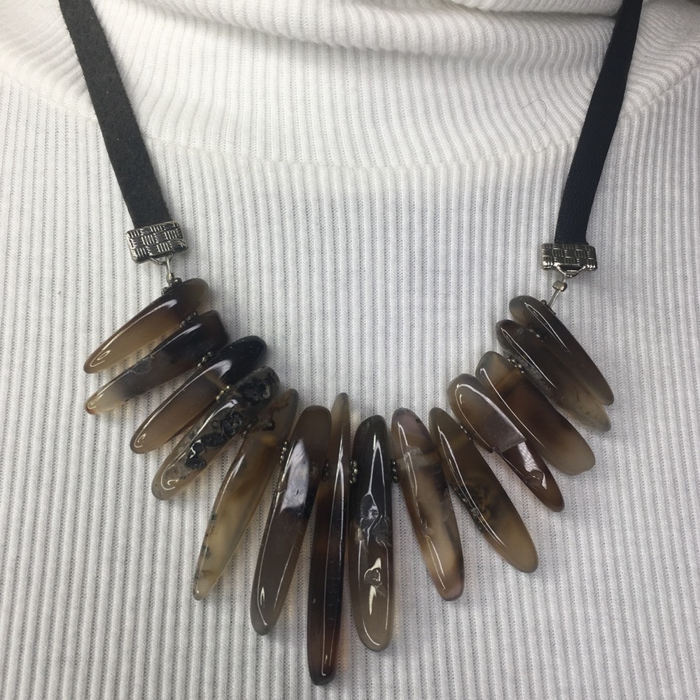 Yochi NY Necklace Agate Strands Natural Stone Leather Silver tone 18"